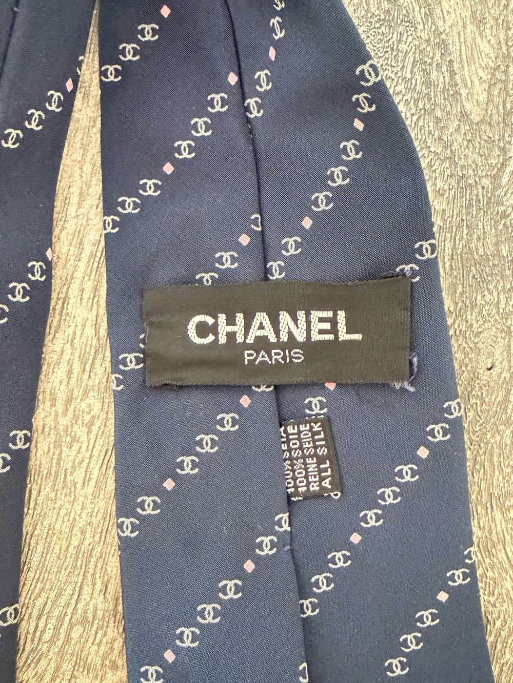 CHANEL Navy Silk Logo-Print Tie with Pink Accents